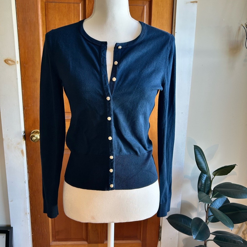 White House Black Market Dark Peacock Blue Cropped Cardigan Pearl Button-Down